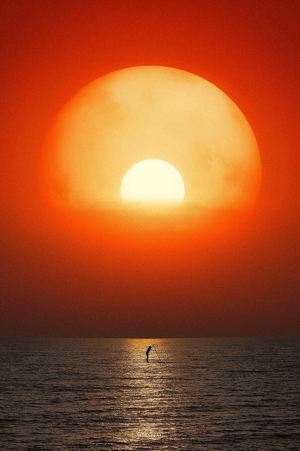 Spektakulärer Sonnenuntergang über dem Meer, mit einer Silhouette, die auf dem Wasser Stand-up-Paddling betreibt – ein Bild, das Ruhe, Natur und Gelassenheit vermittelt.