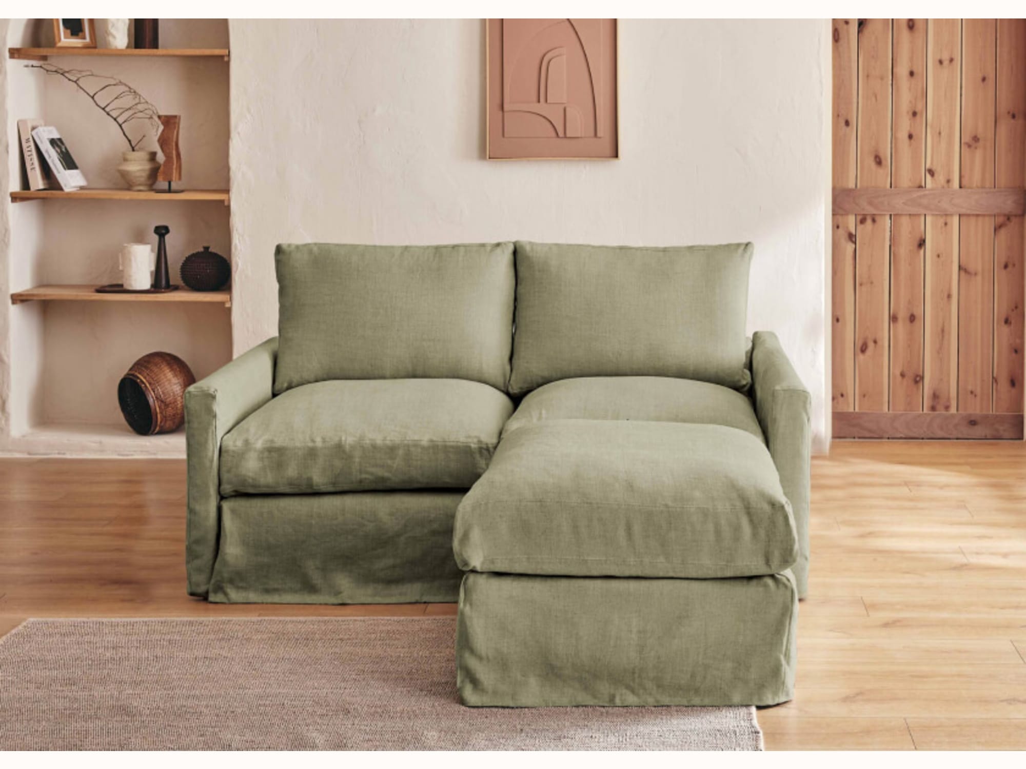 Canapé 2-3 places d'angle avec pouf en lin LENO