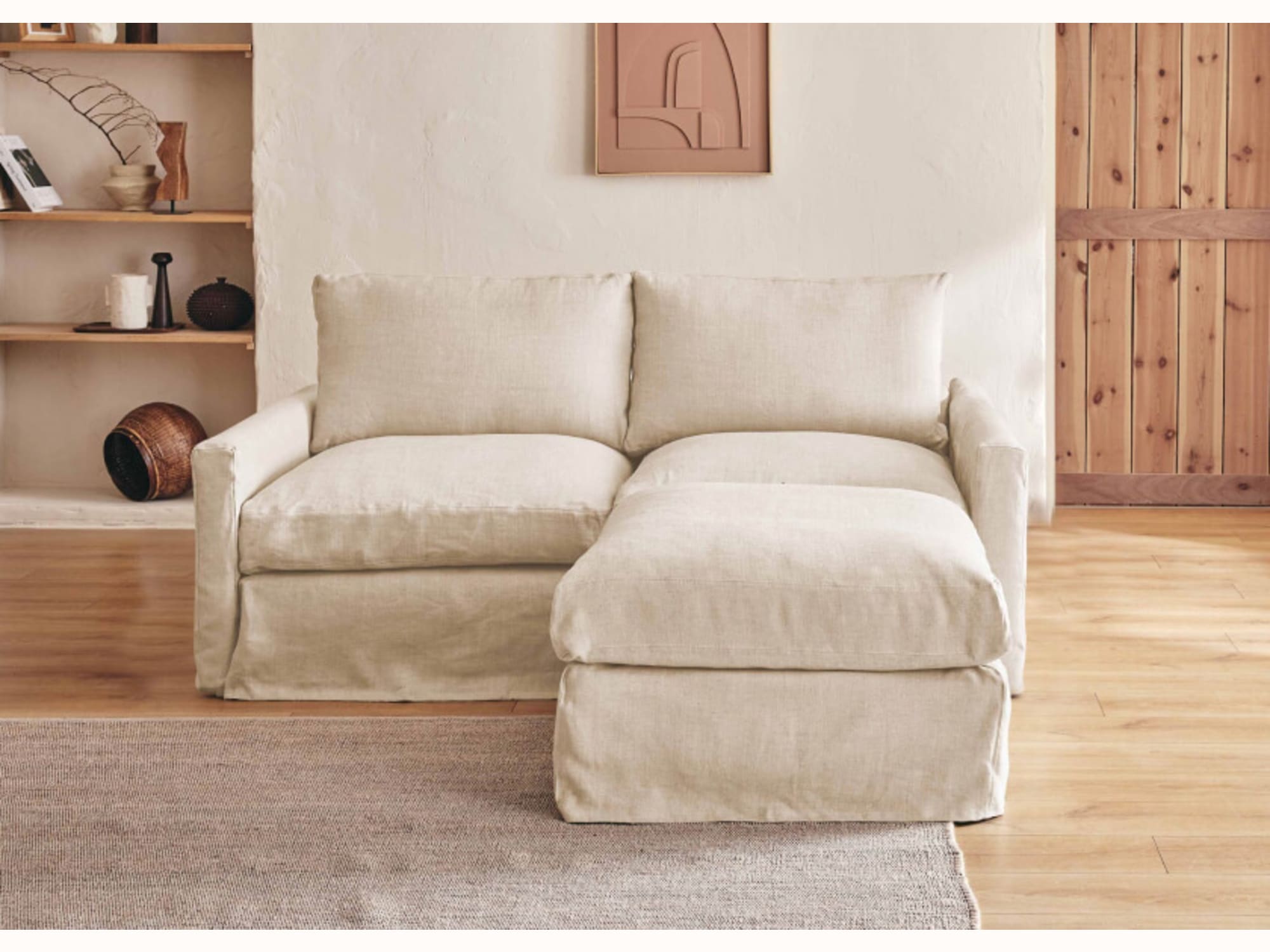 Canapé 2-3 places d'angle avec pouf en lin LENO