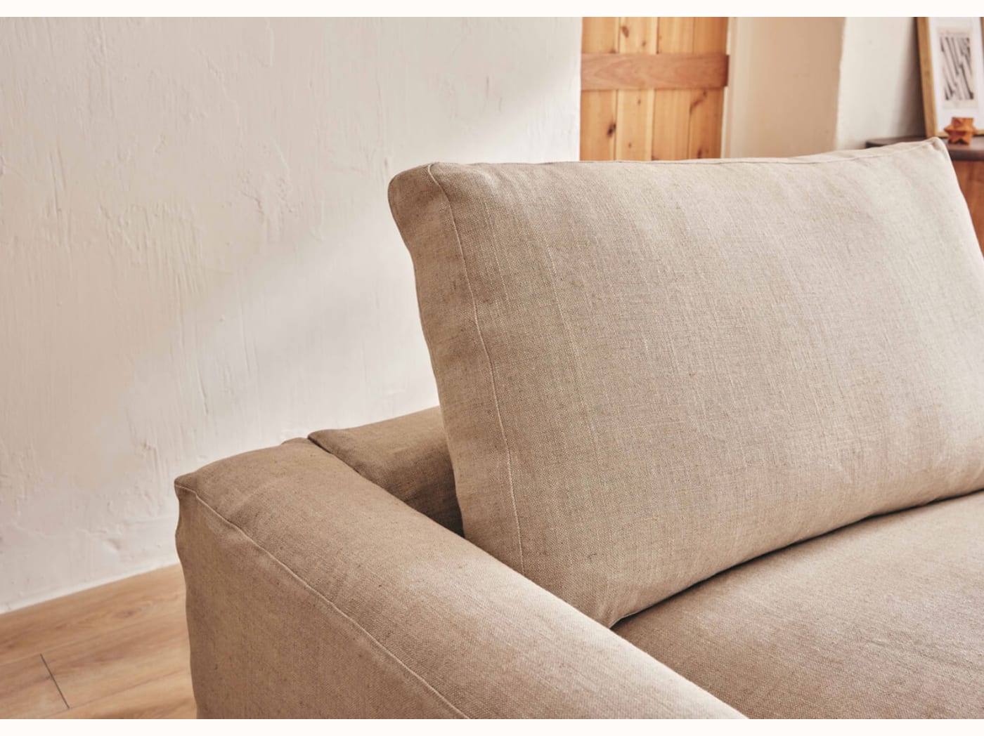 Canapé 2-3 places d'angle avec pouf en lin LENO