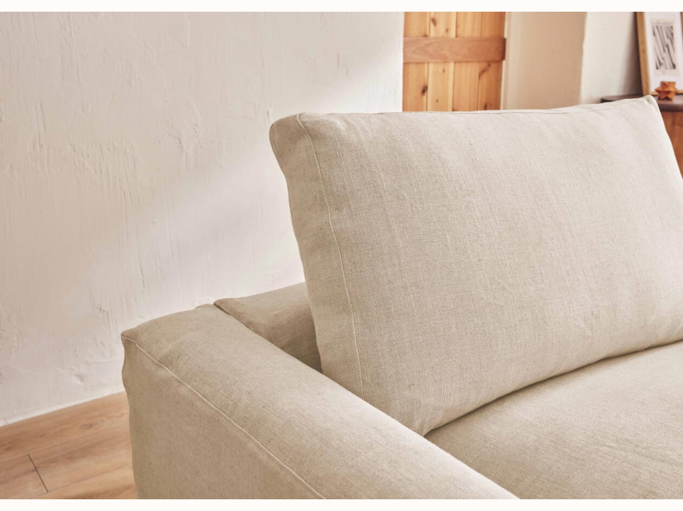 Canapé 2-3 places d'angle avec pouf en lin LENO