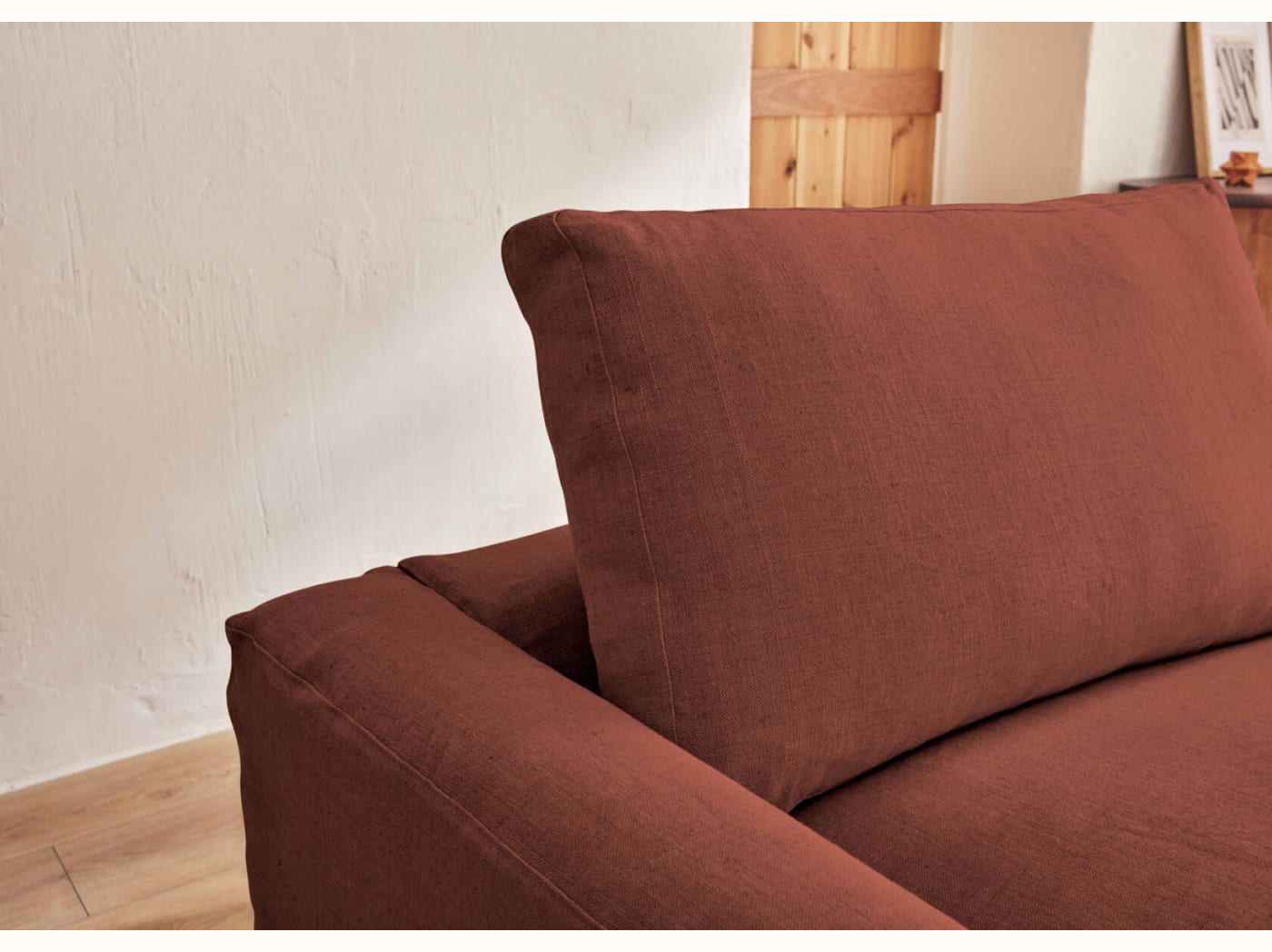 Canapé 2-3 places d'angle avec pouf en lin LENO