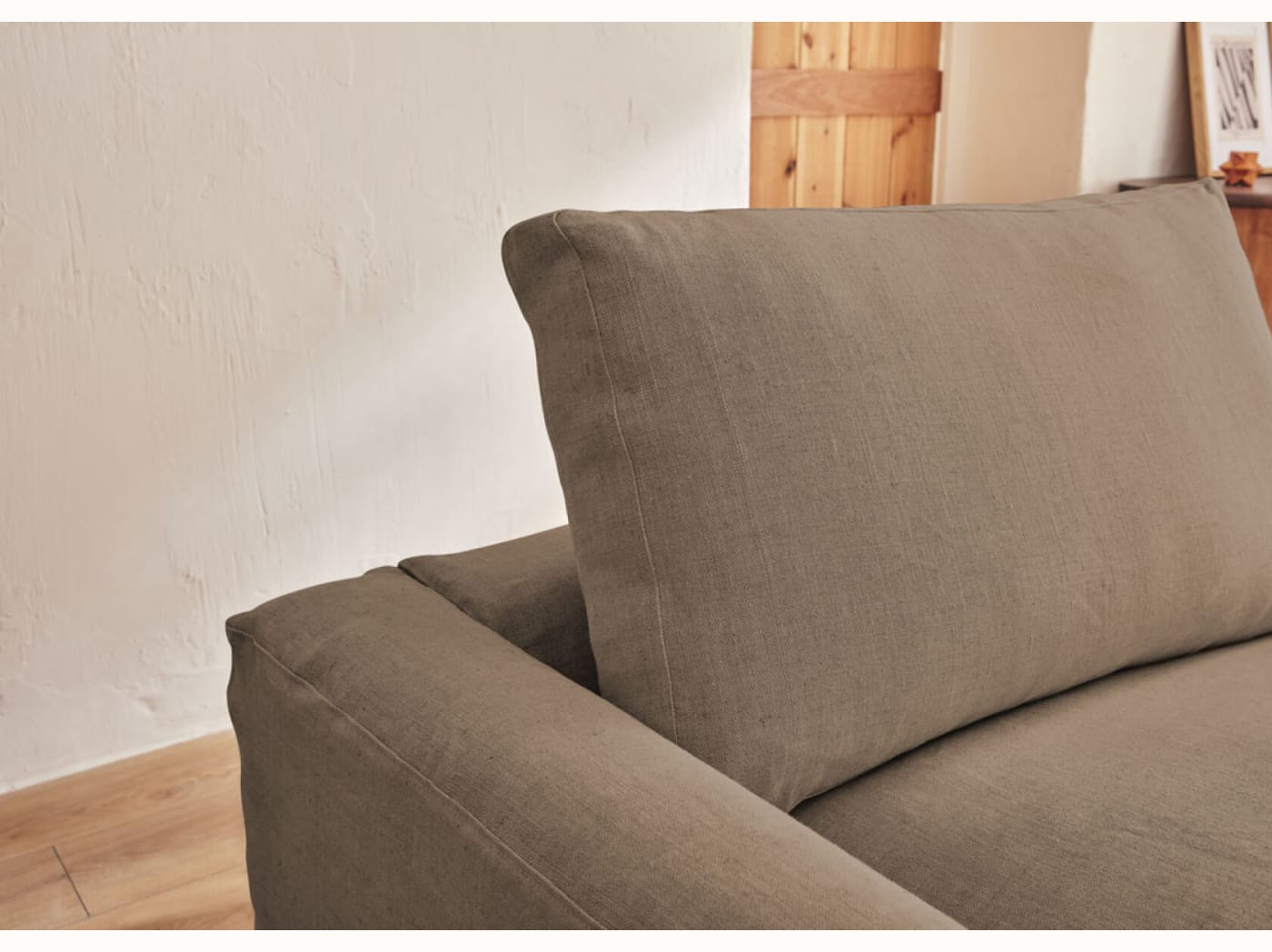 Canapé 2-3 places d'angle avec pouf en lin LENO